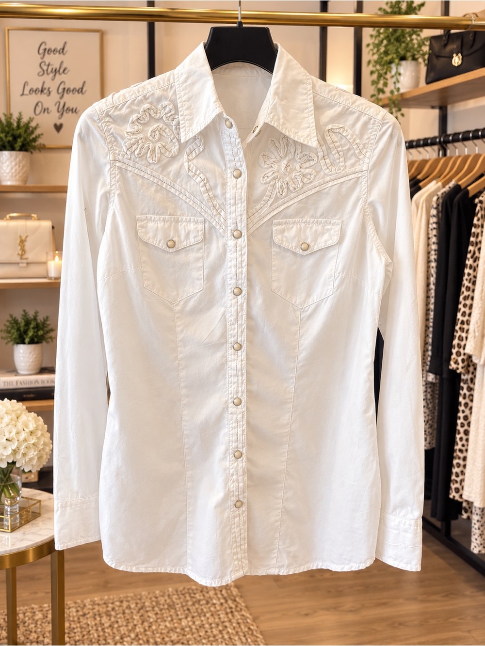 Women's White Embroidered Western Button-Down Shirt